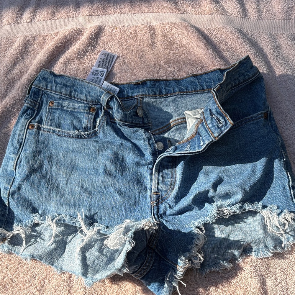 Blue Denim Frayed Hem Women's Shorts button fly